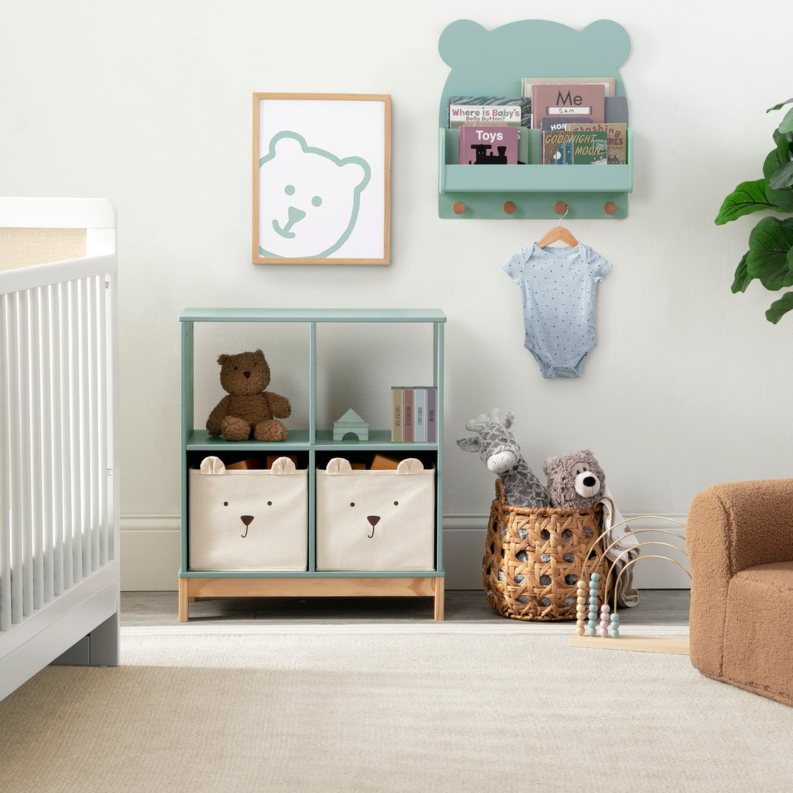 Nursery room with children's furniture, toys, and decor.