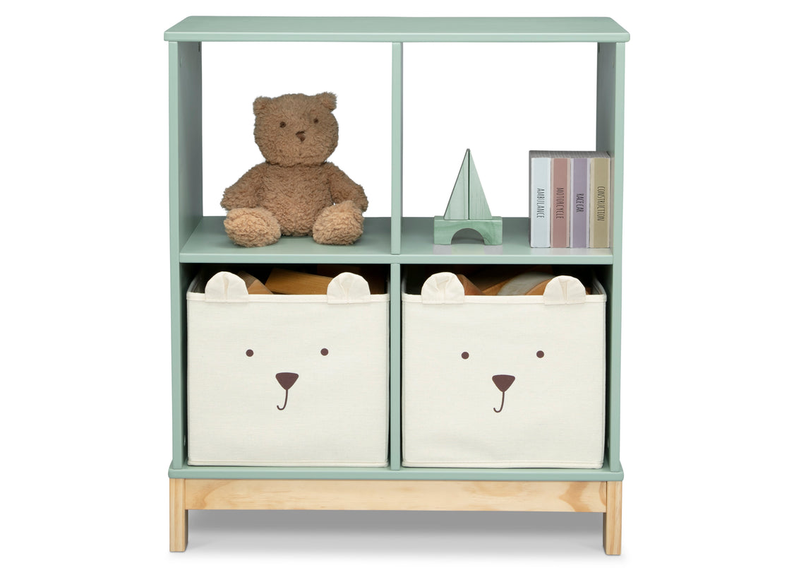 Children's bookshelf with teddy bear, books, and storage bins with bear faces on a white background