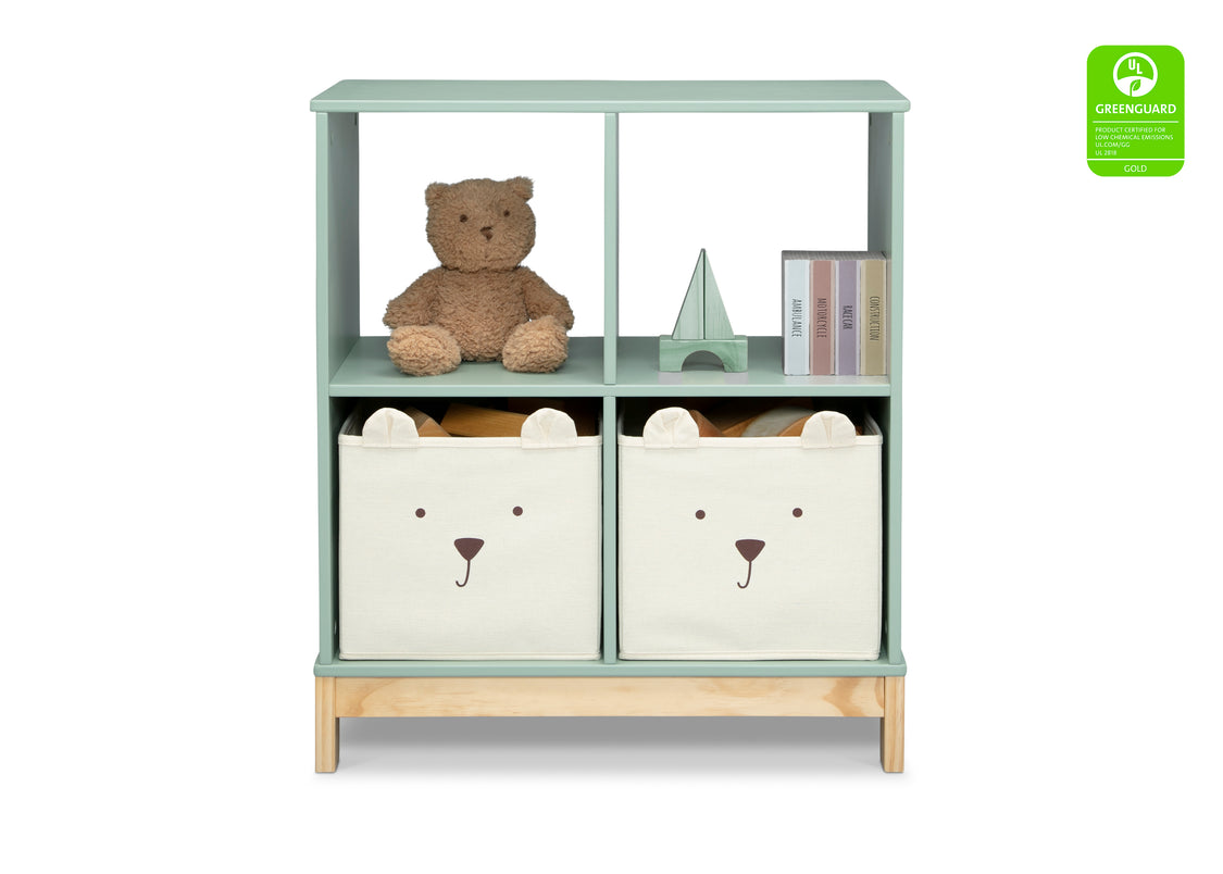Children's bookshelf with teddy bear and storage bins on a white background