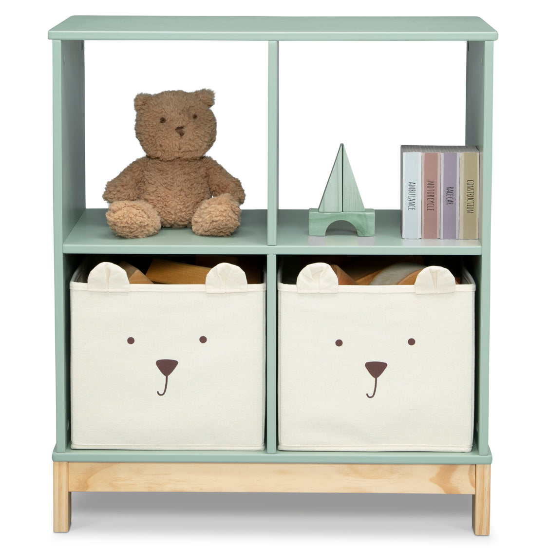 Children's bookshelf with teddy bear and storage bins on a white background