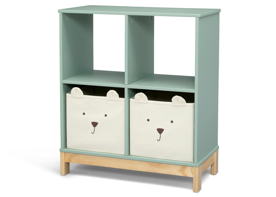 Children's bookshelf with bear face storage bins on a white background