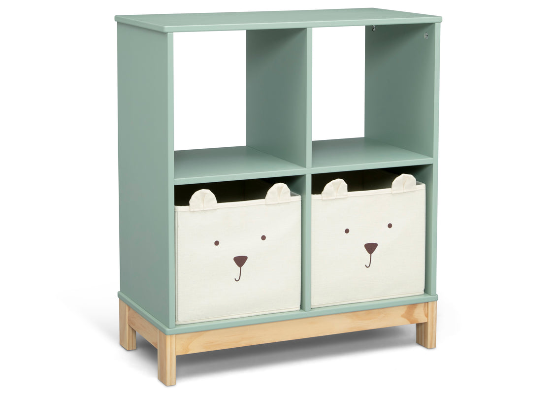 Children's bookshelf with two bear-themed storage bins on a white background