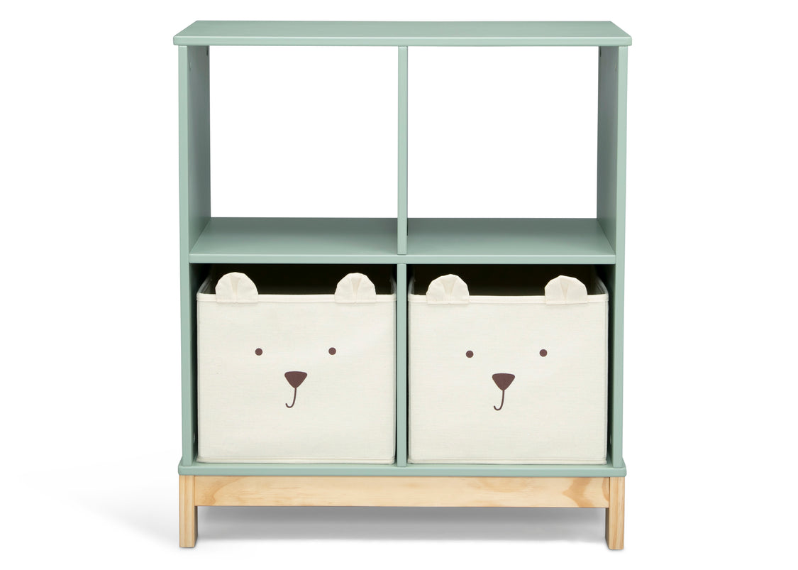 Children's bookshelf with two bear-faced storage bins on a white background