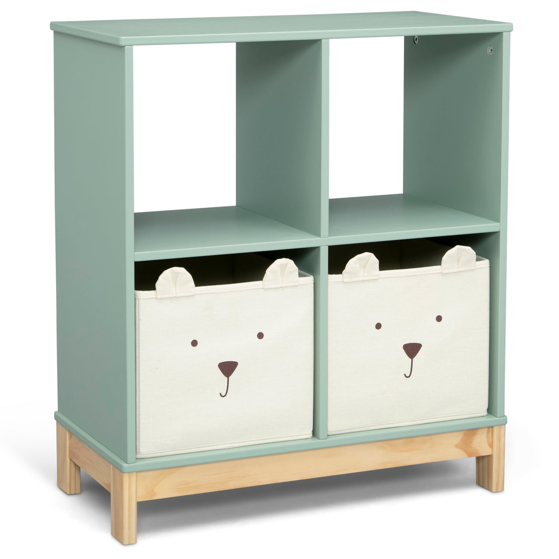 Children's bookshelf with two bear-faced storage bins on a white background