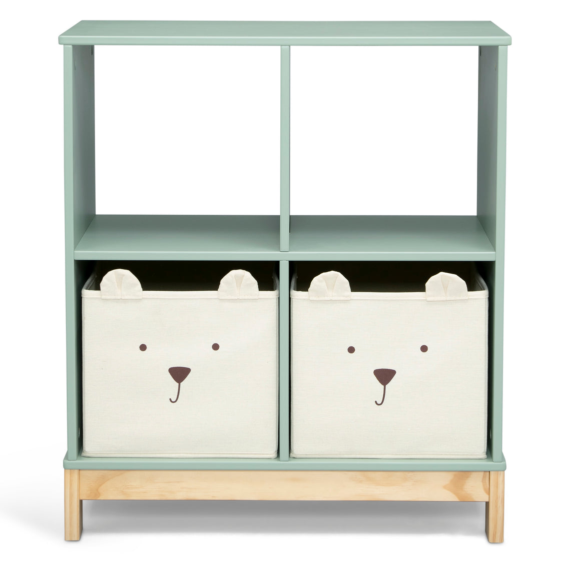 Children's storage unit with two bear-faced bins on a white background