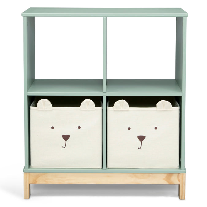 Children's storage unit with two bear-faced bins on a white background 18-Brannan Bear Bookcase with Bins