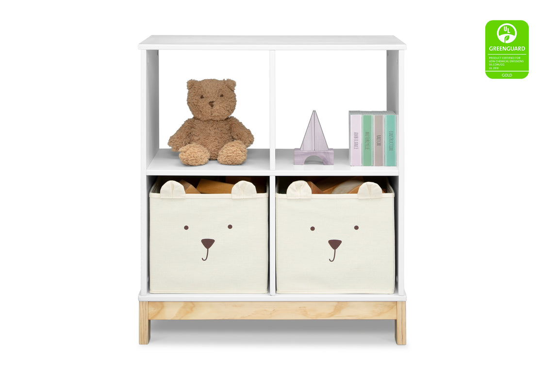 Children's storage unit with teddy bear design on shelves and bins against a white background