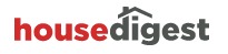 Logo of housedigest with red and gray text on a black background