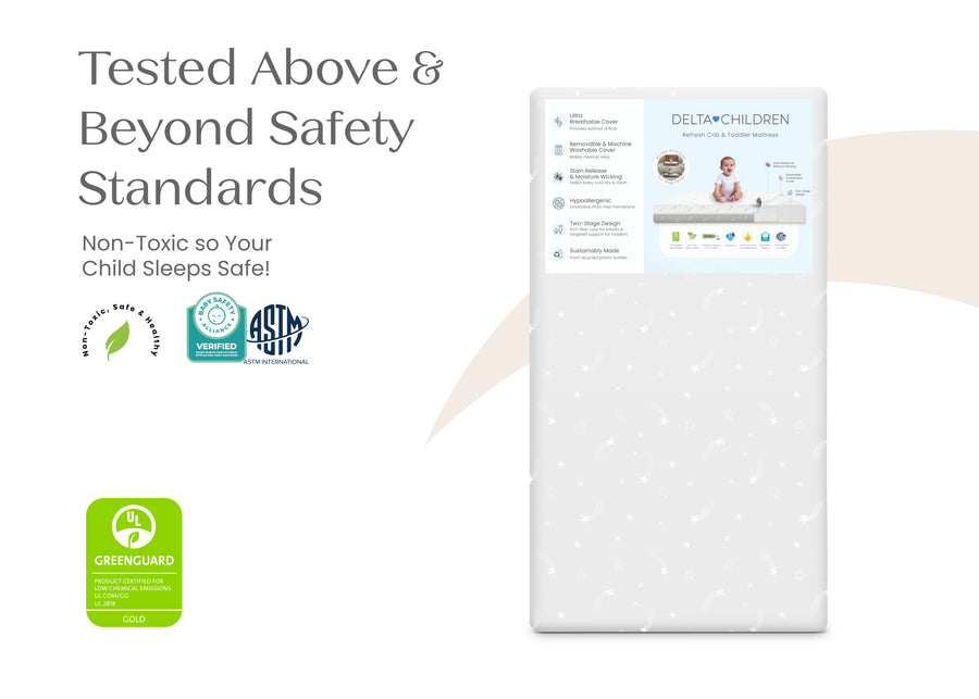 Baby mattress with safety certification logos on a white background 17-Refresh 2-Stage Crib and Toddler Mattress