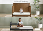 Two-stage crib and toddler bed with children on a wooden floor. 24-Refresh 2-Stage Crib and Toddler Mattress