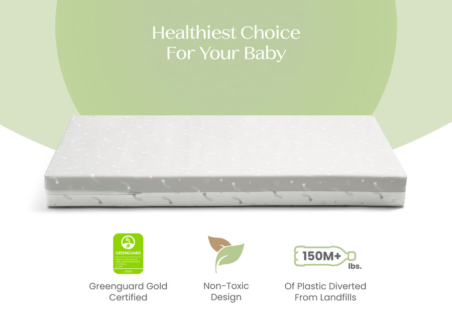 Mattress with green certification logo and text about health benefits for babies on a white background 25-Refresh 2-Stage Crib and Toddler Mattress