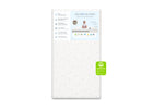 Delta Children crib mattress on a white background with a green label. 27-Refresh 2-Stage Crib and Toddler Mattress
