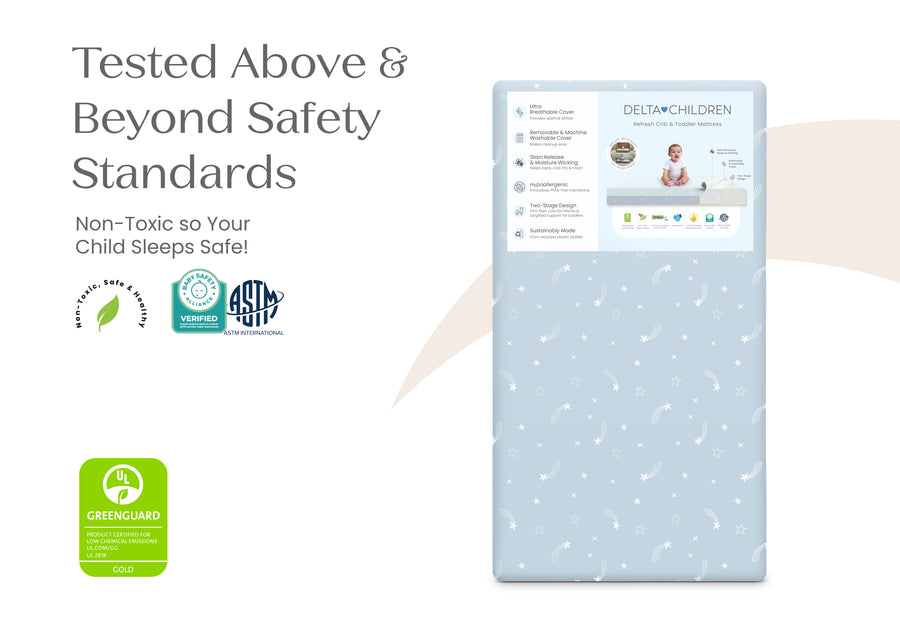 Baby crib mattress with safety certification logos on a white background 34-Refresh 2-Stage Crib and Toddler Mattress