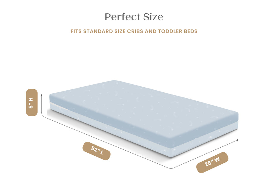 Measurement chart showing a mattress with dimensions for standard size cribs and toddler beds. 36-Refresh 2-Stage Crib and Toddler Mattress