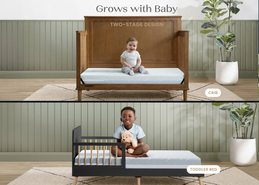 Two-stage baby bed with toddler bed conversion, showing a child sitting on each stage. 37-Refresh 2-Stage Crib and Toddler Mattress