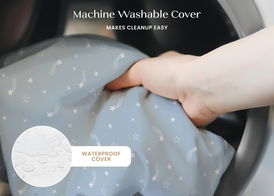 Hand holding a machine washable cover with text indicating it makes cleanup easy and is waterproof. 28-Refresh 2-Stage Crib and Toddler Mattress