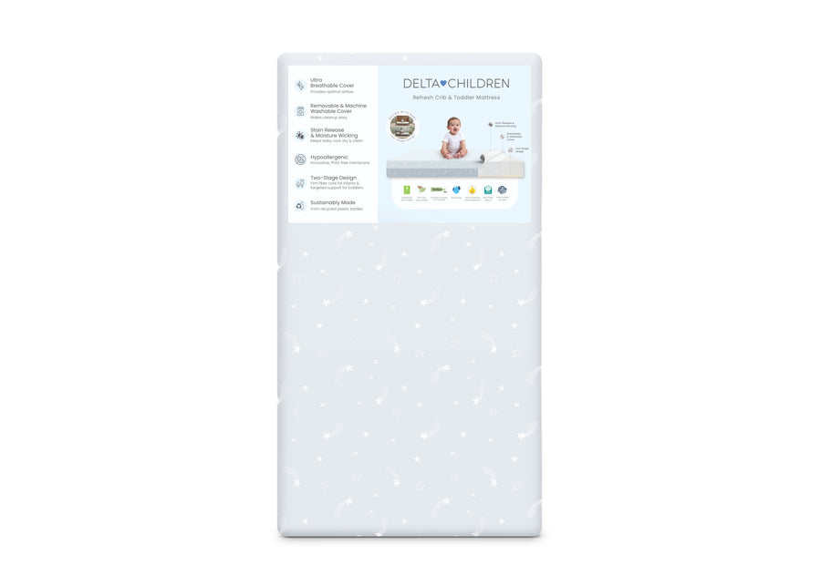 Baby mattress with Delta Children branding on a white background 29-Refresh 2-Stage Crib and Toddler Mattress