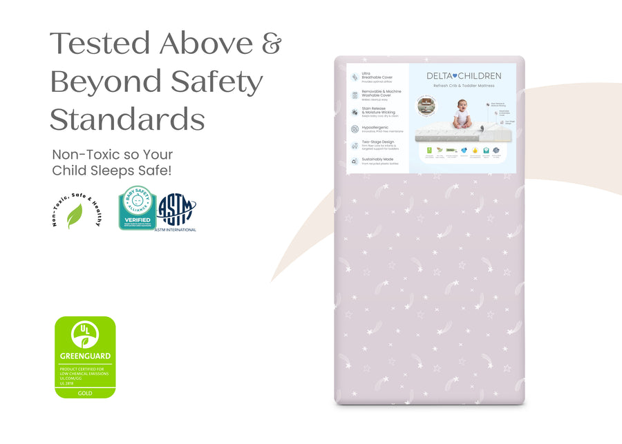 Baby mattress with safety certification logos on a white background 39-Refresh 2-Stage Crib and Toddler Mattress