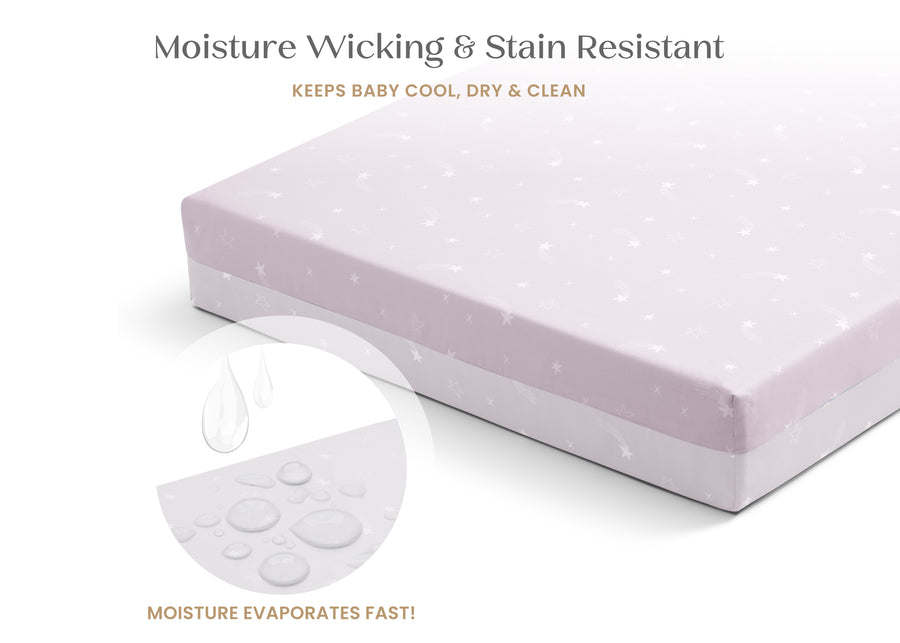 Moisture wicking and stain resistant product packaging with text on a white background 42-Refresh 2-Stage Crib and Toddler Mattress