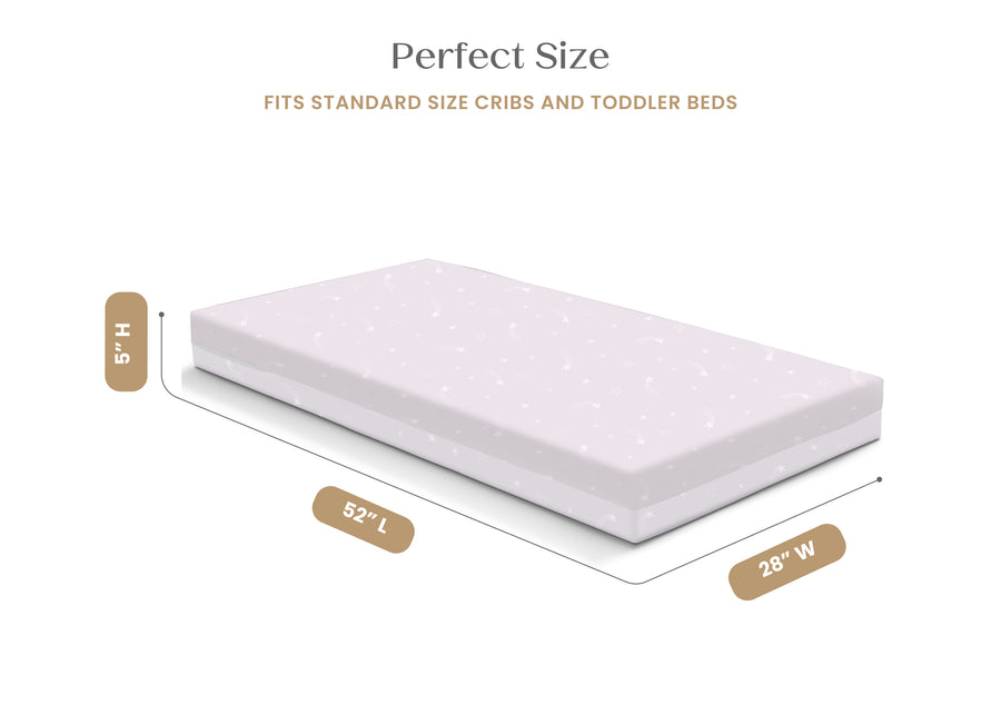 Mattress with dimensions labeled on a white background 45-Refresh 2-Stage Crib and Toddler Mattress