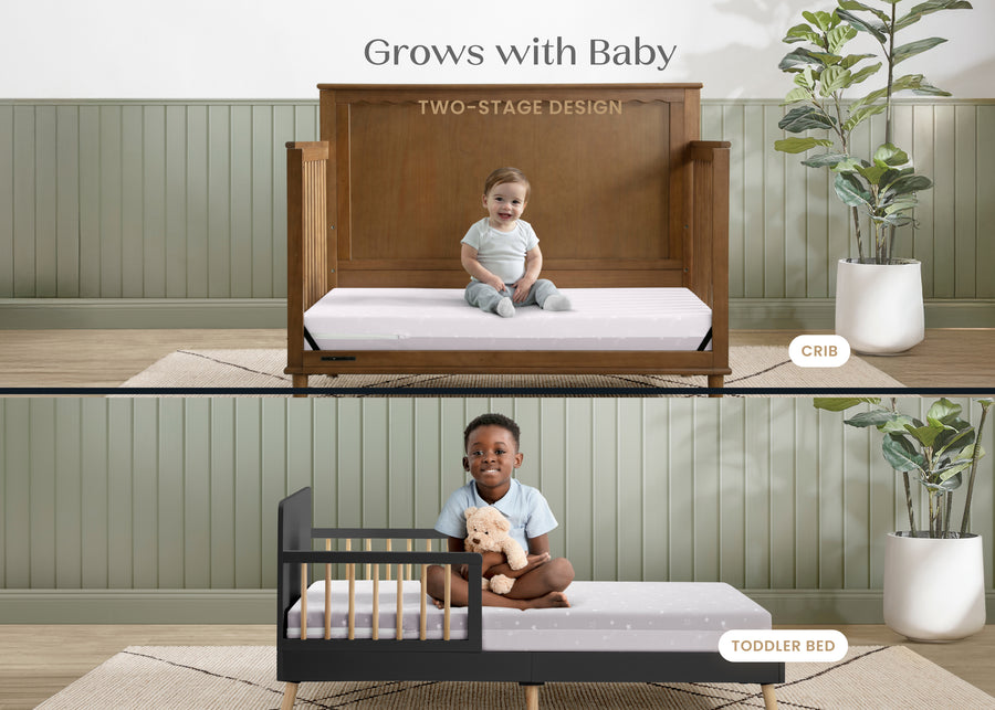 Two-stage bed design that grows with a baby, shown in crib and toddler bed stages. 46-Refresh 2-Stage Crib and Toddler Mattress