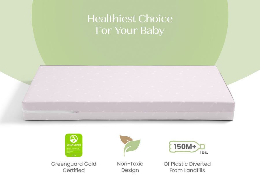 Baby mattress with green certification logo and text on a white background 47-Refresh 2-Stage Crib and Toddler Mattress