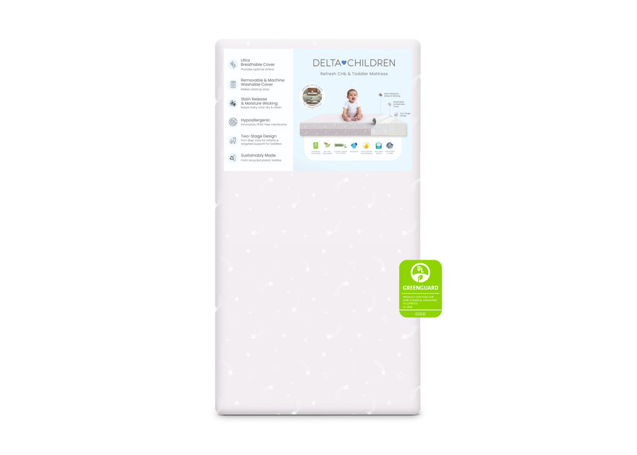 Delta Children mattress on a white background with a green label. 49-Refresh 2-Stage Crib and Toddler Mattress