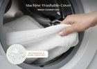 White machine washable cover being placed into a washing machine with text highlighting features. 2-Sweet Beginnings Dual Sided Baby Crib And Toddler Mattress