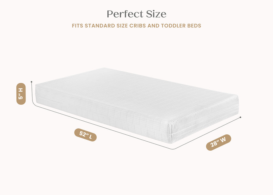 Mattress dimensions labeled on a white background 7-Sweet Beginnings Dual Sided Baby Crib And Toddler Mattress