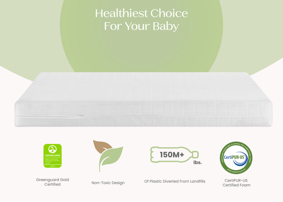 Stack of white baby diapers with green certification logos on a light green background 4-Sweet Beginnings Dual Sided Baby Crib And Toddler Mattress