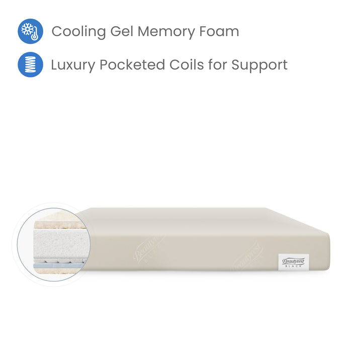 Mattress topper with cooling gel memory foam and luxury pocketed coils on a white background 1-Beautyrest Black AIRCOOL Two-Stage Crib and Toddler Mattress