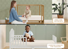 Two images showing a woman with a child in a wooden crib and a child sitting on a white crib with a teddy bear. 16-CleanEarth Certified Organic Crib and Toddler Mattress
