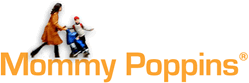 Logo of Mommy Poppins with colorful characters and text.