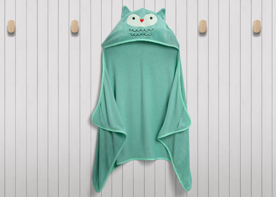 Light Teal Owl (1258) 19-Kids Hooded Bath Towel with Pockets