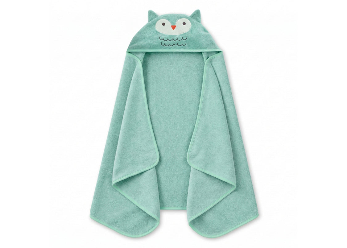 Mint green hooded towel with owl design on a white background