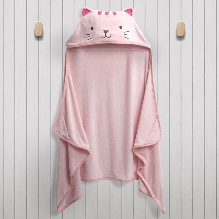 Pink cat-shaped hooded towel hanging on a wooden wall. 1-Kids Hooded Bath Towel with Pockets