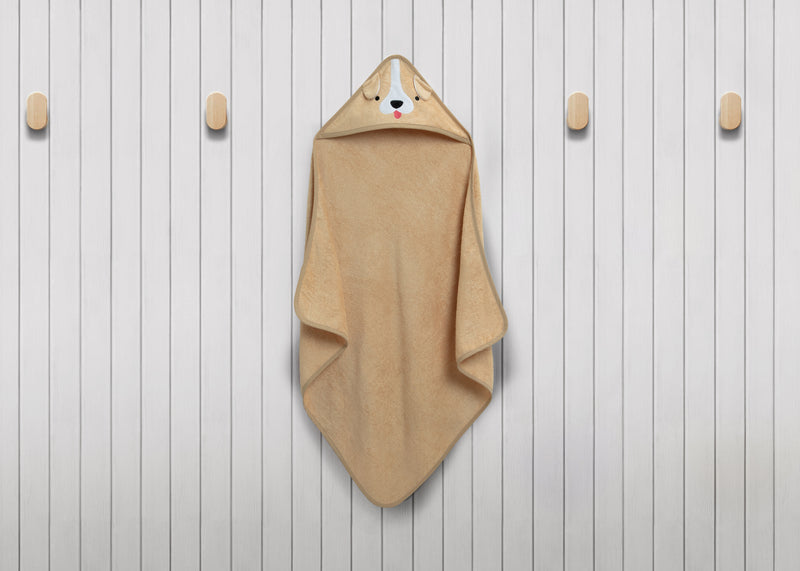Beige hooded towel with bear design on a wooden background 33-Baby Hooded Bath Towel