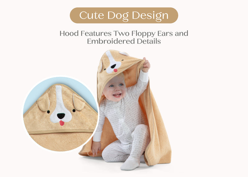 Child wearing a dog-themed hooded towel with floppy ears and embroidered details on a white background. 34-Baby Hooded Bath Towel