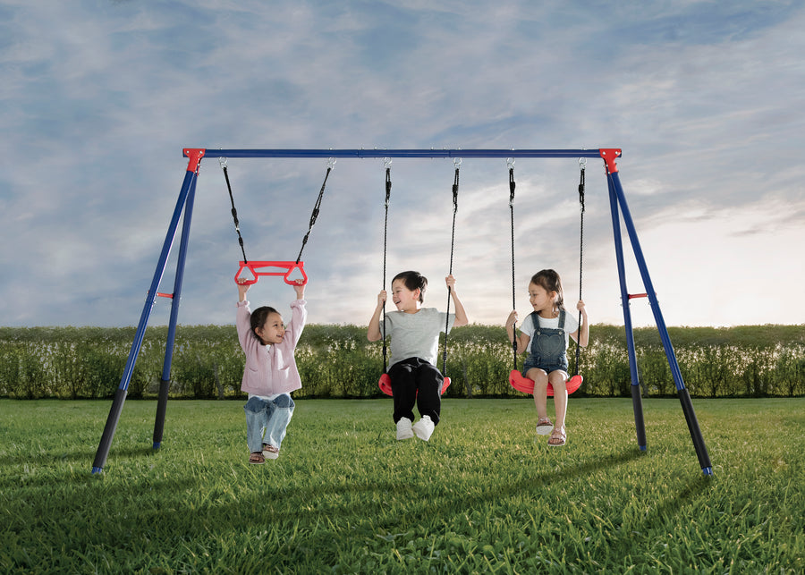 Blue and Red (1637) 1-FunZone Outdoor Metal 3-Piece Swing Set - Includes 2 Swings and 1 Trapeze Bar