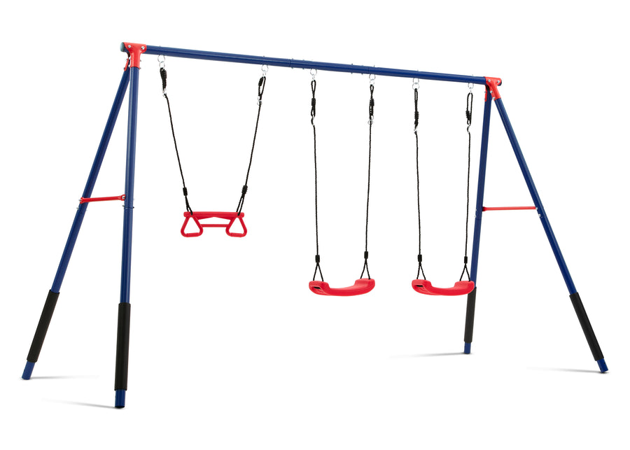 Blue and Red (1637) 4-FunZone Outdoor Metal 3-Piece Swing Set - Includes 2 Swings and 1 Trapeze Bar