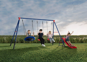 Blue and Red (1637) 2-FunZone Outdoor Metal 4-Piece Swing Set - Includes 2 Swings, 1 Disc/Saucer Swing and Slide