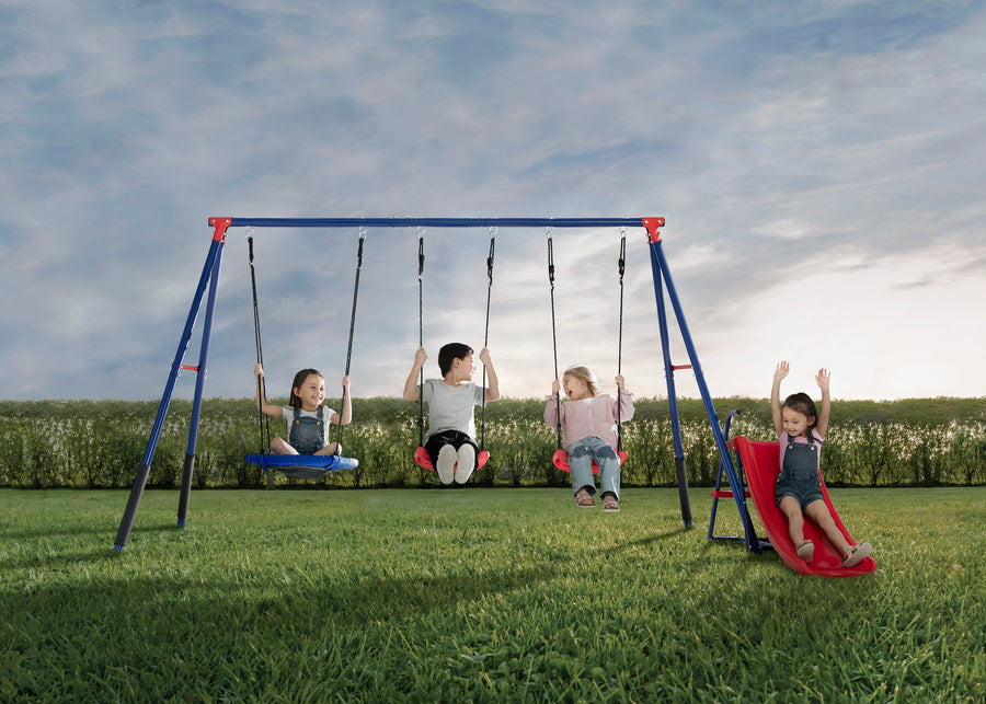 Blue and Red (1637) 1-FunZone Outdoor Metal 4-Piece Swing Set - Includes 2 Swings, 1 Disc/Saucer Swing and Slide
