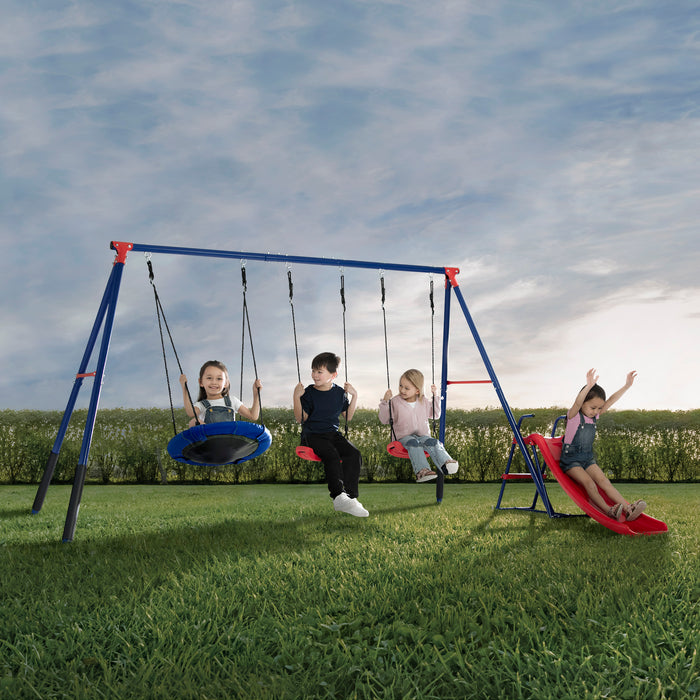 Children playing on a blue and red metal swing set with two swings and a slide in an outdoor setting. 0-FunZone Outdoor Metal 4-Piece Swing Set - Includes 2 Swings, 1 Disc/Saucer Swing and Slide