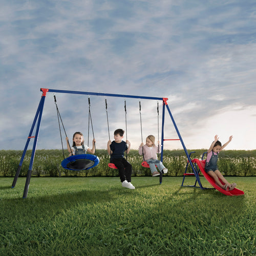 FunZone Outdoor Metal 4-Piece Swing Set - Includes 2 Swings, 1 Disc/Saucer Swing and Slide