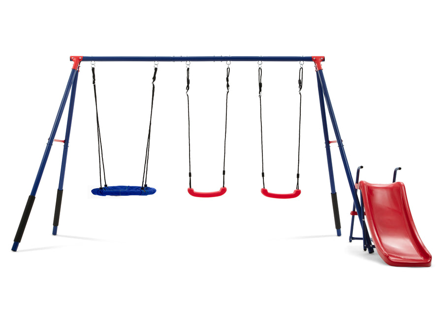 Blue and Red (1637) 3-FunZone Outdoor Metal 4-Piece Swing Set - Includes 2 Swings, 1 Disc/Saucer Swing and Slide