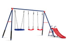 Blue and Red (1637) 4-FunZone Outdoor Metal 4-Piece Swing Set - Includes 2 Swings, 1 Disc/Saucer Swing and Slide