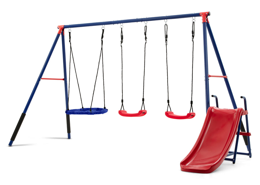 Blue and Red (1637) 5-FunZone Outdoor Metal 4-Piece Swing Set - Includes 2 Swings, 1 Disc/Saucer Swing and Slide