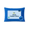 A blue plush toddler pillow with a white paper label that reads 'Serta Plush Toddler Pillow' and a circular fabric texture inset, shown on a plain white background. 8-Serta Plush Comfort Toddler Pillow