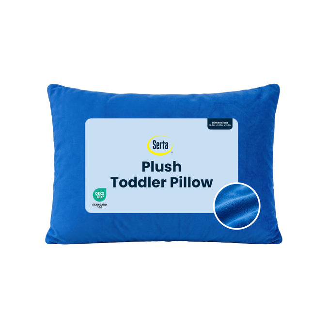 A blue plush toddler pillow with a white paper label that reads 'Serta Plush Toddler Pillow' and a circular fabric texture inset, shown on a plain white background. 8-Serta Plush Comfort Toddler Pillow