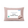 A dusty pink plush toddler pillow with a white product label on the front, featuring the Delta Children brand name and a circular fabric texture inset. 17-Plush Comfort Toddler Pillow